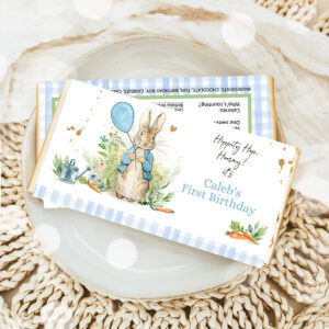 1 Editable Peter Rabbit Chocolate Bar Labels Candy Bar Wrapper Bunny Rabbit Birthday Boy Blue Rustic Download Corjl Template Printable 0351 1