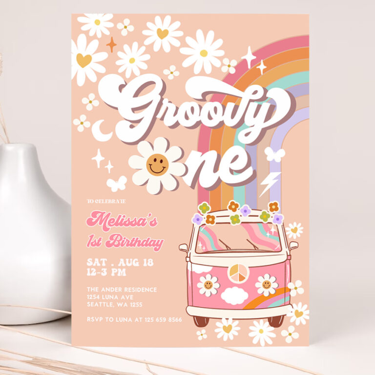 1 Editable Pink Daisy Rainbow Groovy Van Groovy ONE 1st Birthday Invite Retro Hippie Party Invitation Template