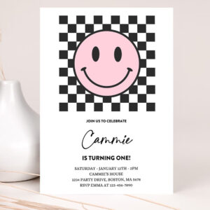 1 Editable Pink Smiley Face 1st Birthday Invitation One Happy Girl 1st Birthday Happy Face Birthday Hipster 1st Birthday