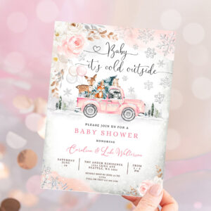 1 Editable Pink Winter Woodland Deer Bear Baby Shower Invitation Girl Blush Truck Baby Its Cold Outside Invite