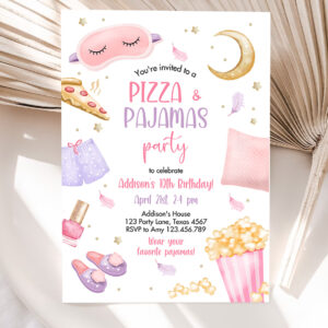 1 Editable Pizza and Pajamas Birthday Invitation Movie Night Party Girl Pink Teen Tween Slumber Party Digital Corjl Template Printable 0447 1