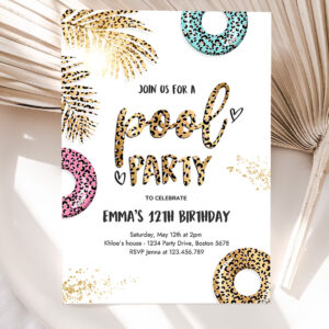 1 Editable Pool Party Invitation Girly Leopard Print Pool Birthday Party Invitation Summer Swimming Pool Birthday Party