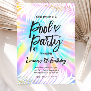 1 Editable Pool Party Invitation Girly Tie Dye Pool Party Invitation Pool Birthday Party Summer Swimming Pool Party