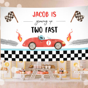 1 Editable Racing Car Backdrop Banner Growing Up Two Fast Birthday Boy 2nd Second 2 Fast Two Curious Download Corjl Template Printable 0424 1