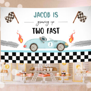 1 Editable Racing Car Backdrop Banner Growing Up Two Fast Birthday Boys 2nd Second 2 Fast Two Curious Download Corjl Template Printable 0424 1