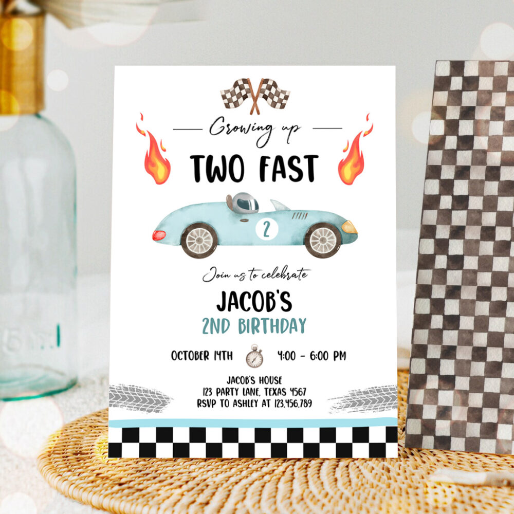 1 Editable Racing Car Birthday Invitation Growing Up Two Fast Invite Second Birthday 2nd Boy Download Printable Template Digital Corjl 0424 1