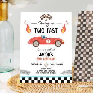1 Editable Racing Car Birthday Invitation Growing Up Two Fast Red Invite Second Birthday 2nd Boy Download Printable Template Digital Corjl 0424 1