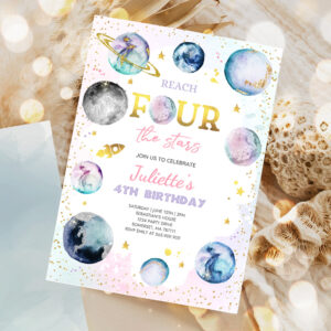 1 Editable Reach Four The Stars Space Birthday Invitation Girl Pink Planets Galaxy Outer Space Birthday Party