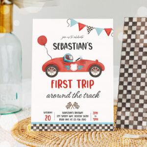 1 Editable Red Race Car 1st Birthday Invitation First Trip Around The Track Boy Vintage Red Race Car 1st Birthday Party