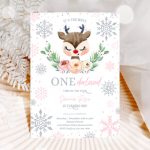 1 Editable Reindeer Winter ONEderland Birthday Invitation Pink Silver Most ONEderful Time Of The Christmas Birthday