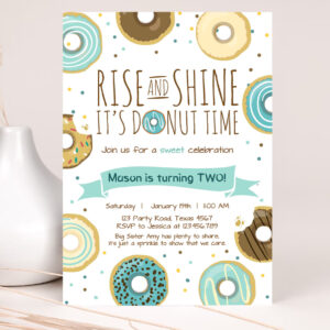 1 Editable Rise and Shine Donut Time Birthday Invitation ANY AGE Sweet Boy Birthday Party Blue Doughnut Digital Corjl Template Printable 0050 1