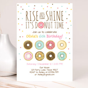 1 Editable Rise and Shine Donut Time Birthday Invitation ANY AGE Sweet Girl Birthday Party Pink Doughnut Digital Corjl Template Printable 0050 1
