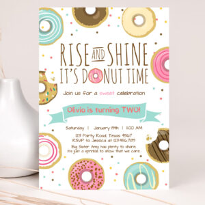 1 Editable Rise and Shine Donut Time Birthday Party Invitation ANY AGE Sweet Girl Birthday Party Pink Doughnut Digital Corjl Template Printable 0050 1