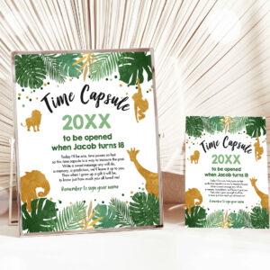 1 Editable Safari Animals Time Capsule Wild One First Birthday Party Green Gold Boy Zoo Jungle Instant Download Corjl Template Printable 0016 1