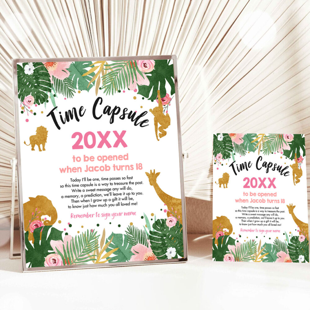 1 Editable Safari Animals Time Capsule Wild One First Birthday Party Pink Gold Black Zoo Jungle Instant Download Corjl Template Printable 0016 1