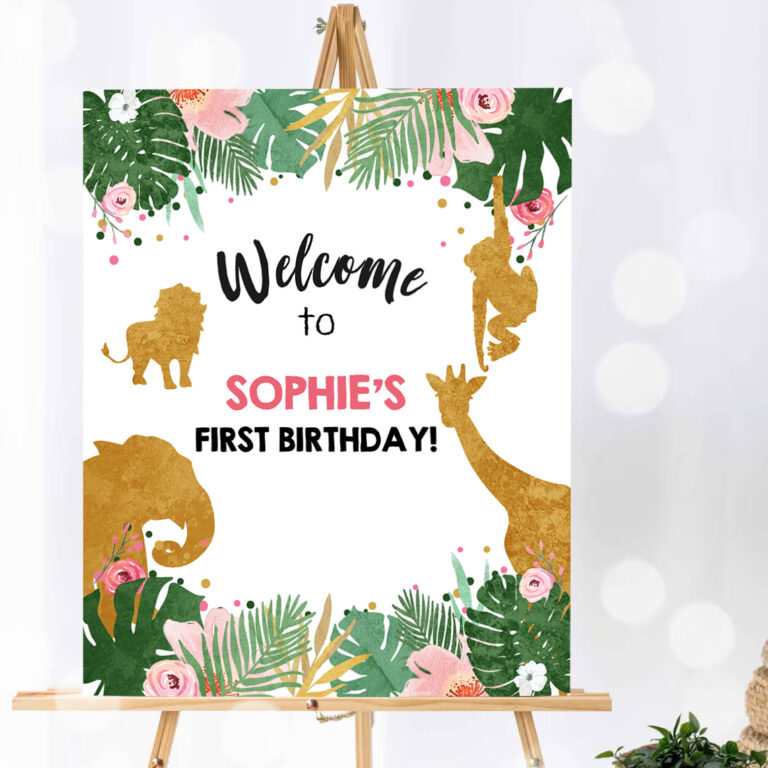 1 Editable Safari Animals Welcome Sign Wild One Party Animals Sign Zoo Jungle Table Sign Pink Gold Girl Corjl Template Download PRINTABLE 0016 1