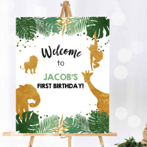 1 Editable Safari Animals Welcome Sign Wild One Poster Zoo Jungle Boy First Birthday 1st Black Gold Download Corjl Template Printable 0016 1