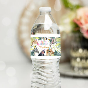 1 Editable Safari Water Bottle Labels Party Animals Birthday Wild One Birthday Decor Safari Girl Printable Bottle Wrappers Template Corjl 0417 1