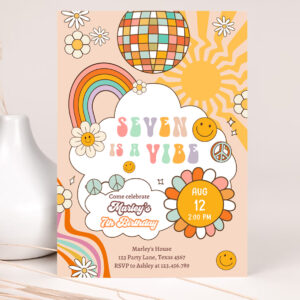1 Editable Seven Is A Vibe Groovy Birthday Invitation 7th Birthday Invite Rainbow Peace Love Party Girl Download Template Corjl Digital 0459 1
