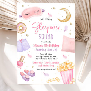 1 Editable Sleepover Squad Birthday Invitation Slumber Party Birthday Invite Pink Girl Spa Tween Teen Digital Download Template Corjl 0447 1