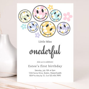1 Editable Smiley Daisy Face Birthday Invitation Pastel Daisy Little Miss Onederful 1st Birthday Happy Face Party