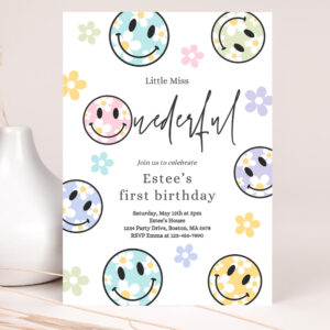 1 Editable Smiley Daisy Face Birthday Party Invitation Pastel Daisy Little Miss Onederful 1st Birthday Happy Face Party