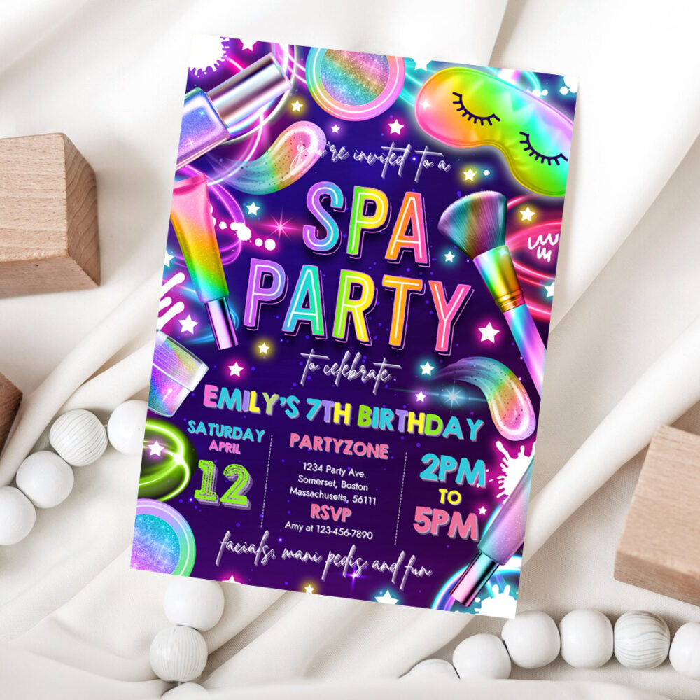 1 Editable Spa Makeup Birthday Invitation Neon Glow Spa Party Invitation Glitz and Glam Makeup Neon Glow Birthday Party