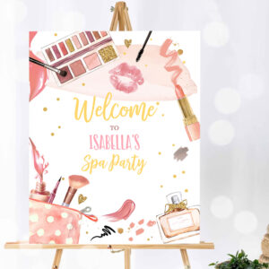 1 Editable Spa Party Birthday Welcome Sign Glamour Party Spa Birthday Decor Girl Pink and Gold Makeup Party Template Corjl PRINTABLE 0420 1