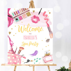 1 Editable Spa Party Welcome Sign Glamour Party Spa Birthday Decor Girl Pink and Gold Makeup Party Template Corjl PRINTABLE 0420 1