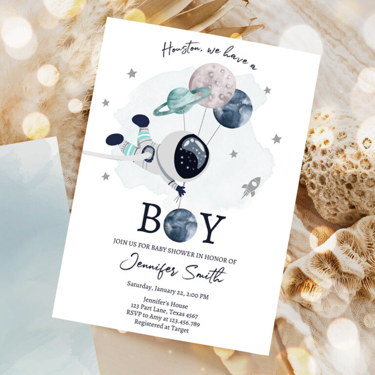 1 Editable Space Astronaut Baby Shower Invitations Galaxy Houston Its a Boy Blue Planets Moon Countdown Template Instant Download Corjl 0366 1