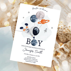 1 Editable Space Astronaut Baby Shower Party Invitation Galaxy Houston Its a Boy Orange Planets Moon Countdown Template Instant Download Corjl 0366 1