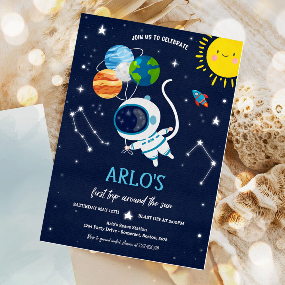 1 Editable Space Birthday Invitation First Trip Around The Sun Boy Rocket Ship Space Planets Galaxy Outer Space Party