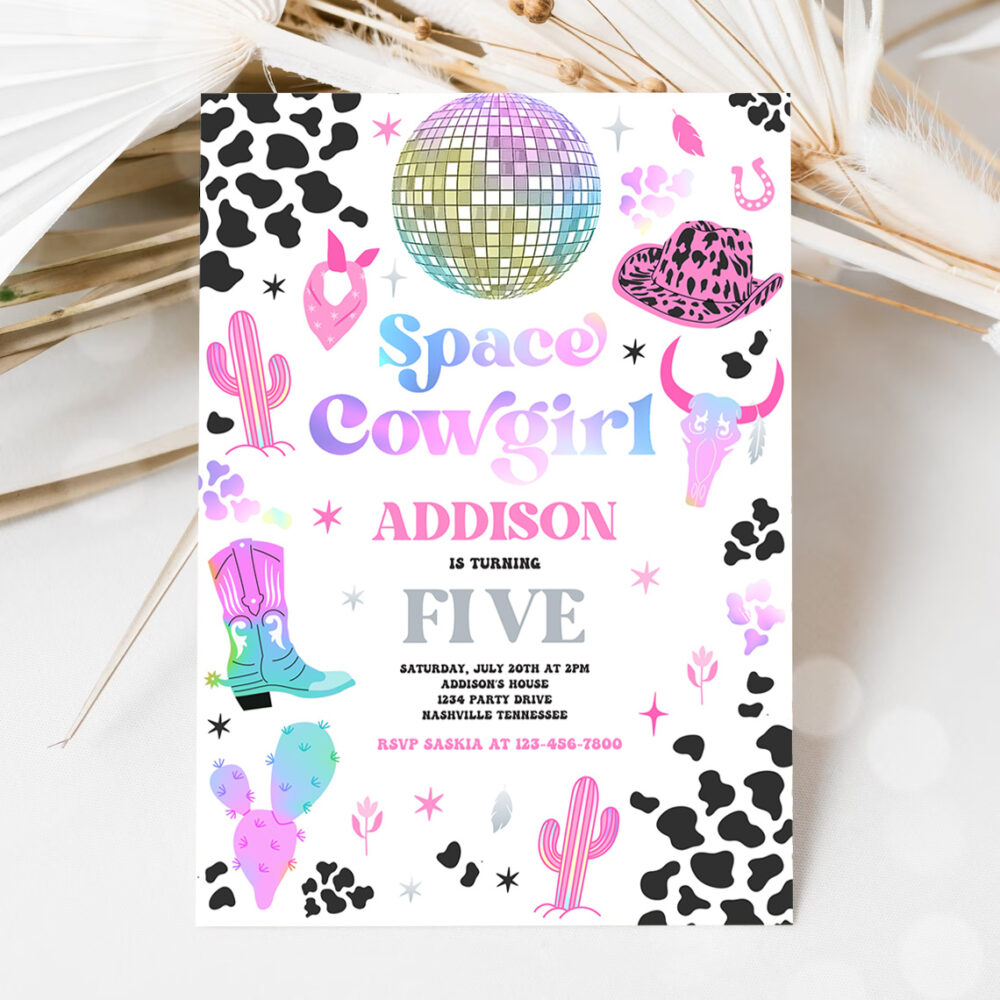1 Editable Space Cowgirl Birthday Party Invitation Cosmic Space Cowgirl Disco Birthday Party Nashville Rodeo Any Age Party Instant Download UL 1