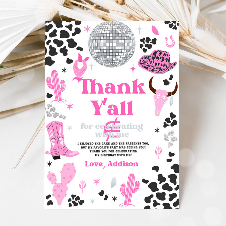 1 Editable Space Cowgirl Birthday Party Thank You Card Pink Disco Cowgirl Party Nashville Rodeo Birthday Party Any Age Instant Download UL 1