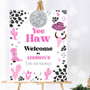 1 Editable Space Cowgirl Birthday Party Welcome Sign Pink Disco Cowgirl Party Nashville Rodeo Birthday Party Any Age Party Instant Download UL 1