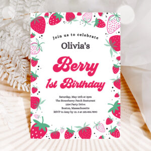 1 Editable Strawberry 1st Birthday Invitation Berry First Birthday Invitation Summer Berries 1st Birthday Berry Sweet