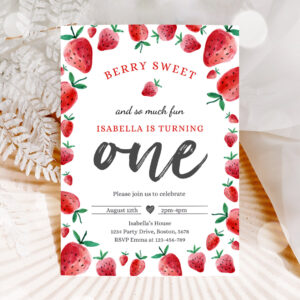 1 Editable Strawberry 1st Birthday Invitation Berry Sweet 1st Birthday Invitation Summer Fruit Berries 1st Birthday Party