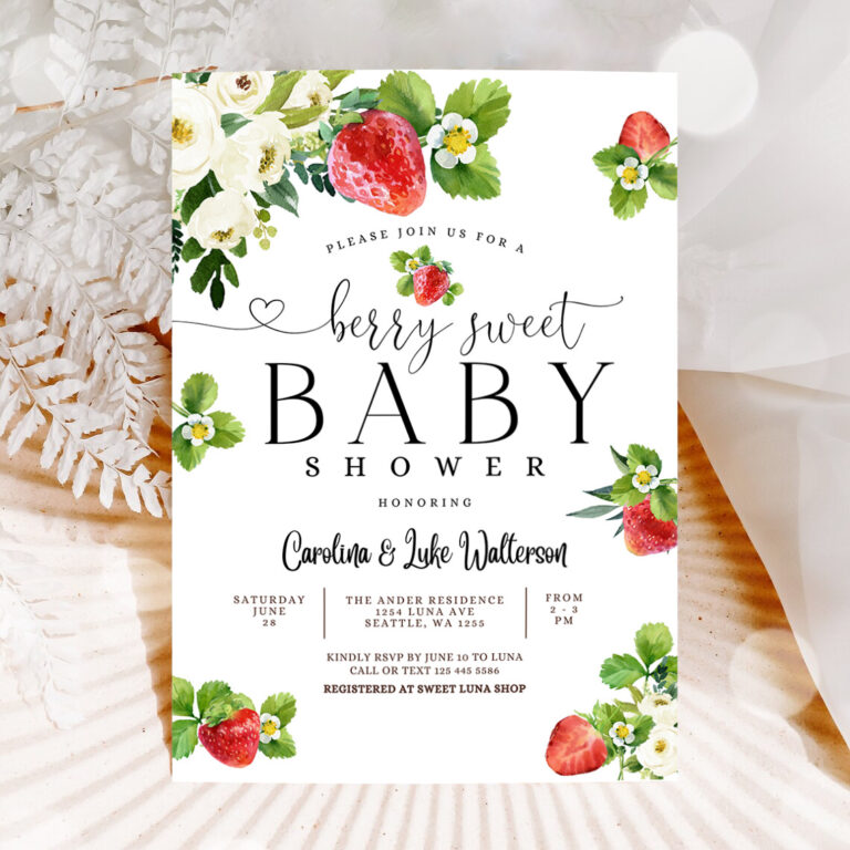 1 Editable Strawberry Baby Shower Invitation Berry Sweet Baby Shower Invite Berry Sweet Baby Shower Invite Printable