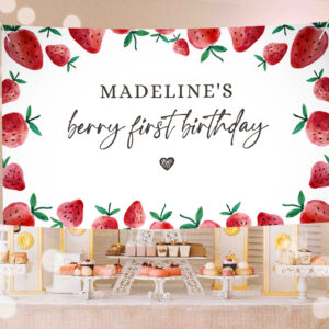 1 Editable Strawberry Berry First Backdrop Banner Strawberry Berry First Birthday Girl Strawberries Berry Sweet Download Corjl Template Printable 0399 1