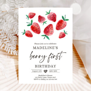 1 Editable Strawberry Birthday First Birthday Berry Sweet Girl Cute Strawberries 1st Download Printable Template Corjl Digital 0399 1