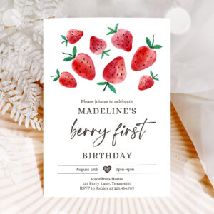 1 Editable Strawberry Birthday Invitation First Birthday Berry Sweet Girl Cute Strawberries 1st Party Invitation