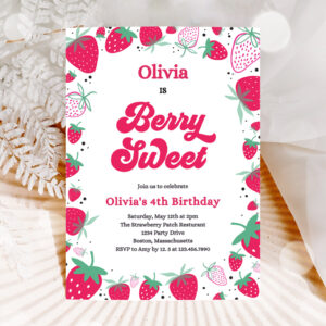1 Editable Strawberry Birthday Party Invitation Berry Sweet Birthday Invitation Summer Berries Any Age Berry Sweet Party