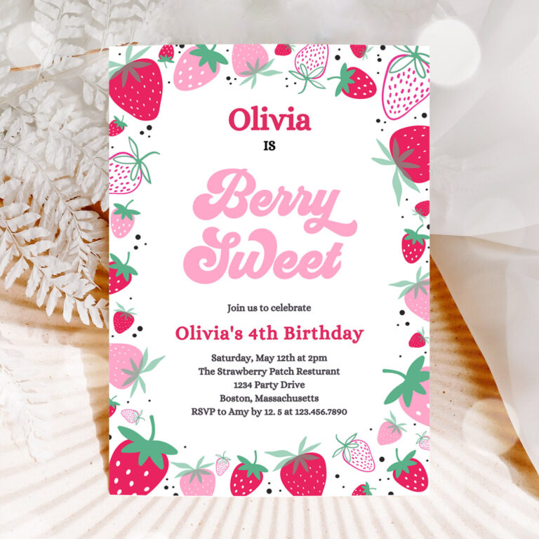 1 Editable Strawberry Birthday Party Invitation Pink Berry Sweet Birthday Invitation Summer Berries Any Age Berry Sweet Party