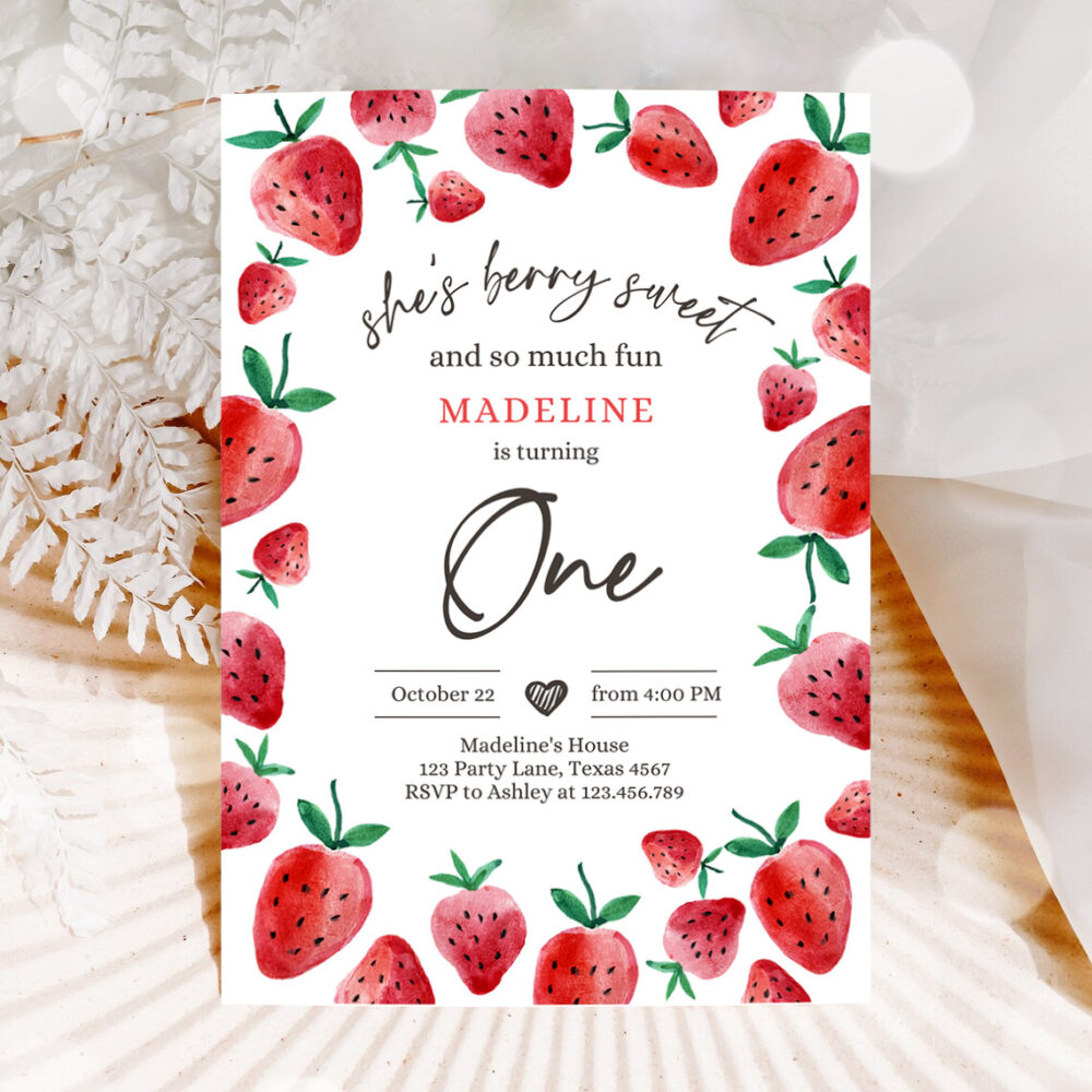 1 Editable Strawberry Birthday Party Invite First Birthday Berry Sweet Girl Cute Strawberries 1st Download Printable Template Corjl Digital 0399 1