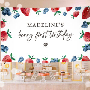 1 Editable Strawberry Blueberry Backdrop Banner Berry First Birthday Girl Strawberries Berry Sweet Download Corjl Template Printable 0399 1