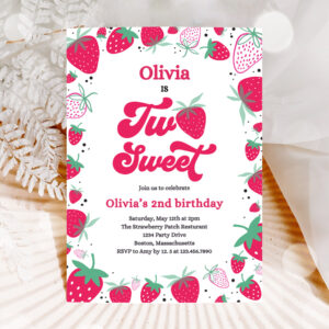 1 Editable Strawberry Two Sweet Birthday Invitation Two Sweet Strawberry 2nd Birthday Summer Berries Party