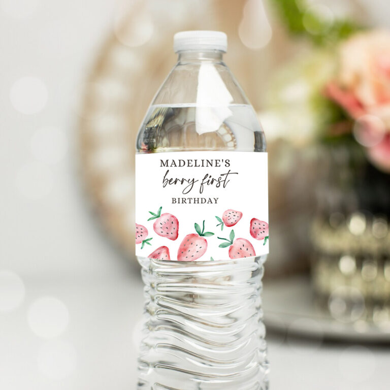 1 Editable Strawberry Water Bottle Label Strawberry Birthday Decor Berry Sweet 1st Birthday First Printable Bottle Label Template Corjl 0399 1