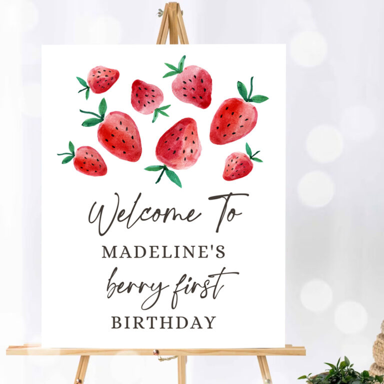 1 Editable Strawberry Welcome Sign Strawberry Birthday Welcome Farmers Market Girl Berry First Watercolor Template PRINTABLE Corjl 0399 1
