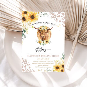 1 Editable Sunflower Cow Birthday Party Invitation Have You Heard The Moos Floral Highland Cow Birthday Party