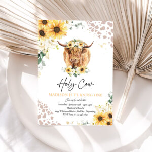 1 Editable Sunflower Cow Birthday Party Invitation Holy Cow Im One Party Summer Floral Highland Cow Party Instant Download Editable QS 1